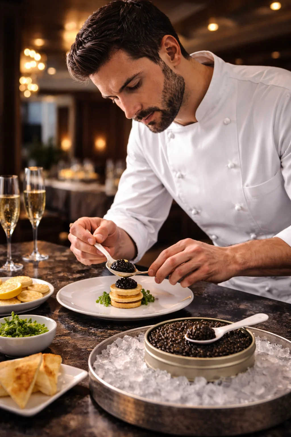 Chef preparing a luxury caviar plate in a fine dining restaurant to show 
what to eat with caviar