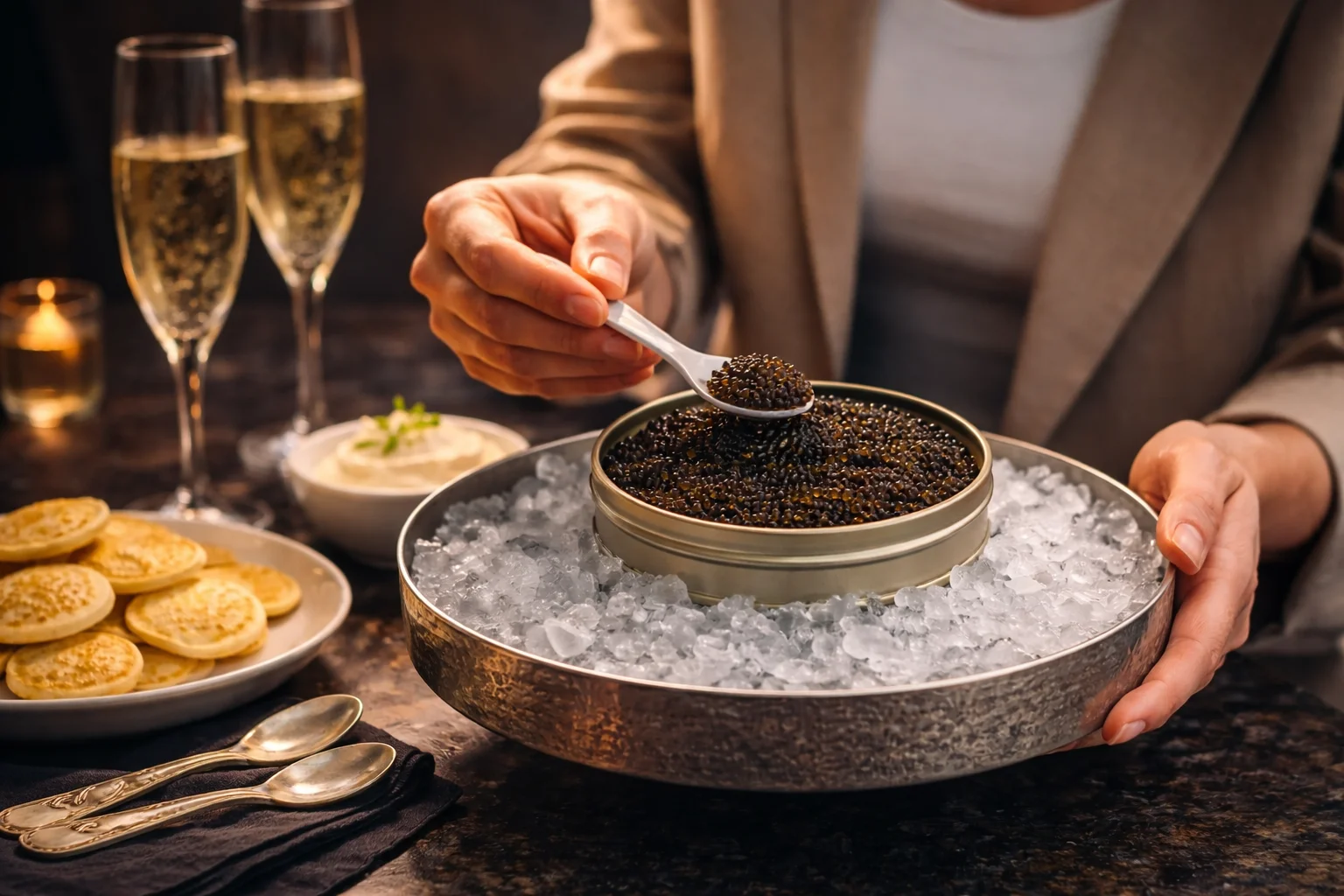 Elegant caviar service with champagne and blinis