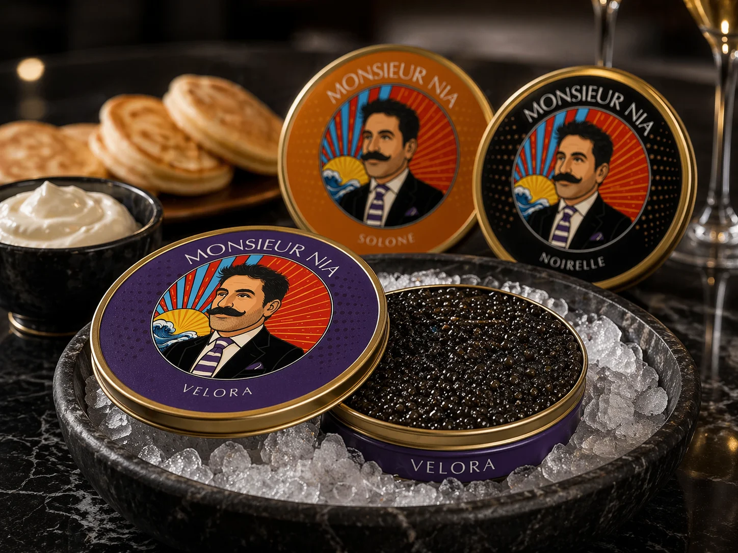 Opened caviar stored properly in a cold luxury setting